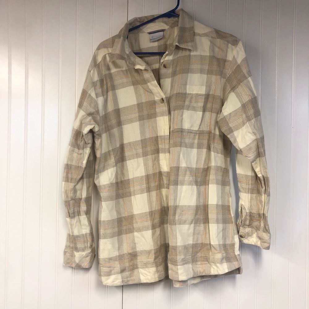 Columbia Womens Beige Plaid Shirt XL Flannel Button Down Neutral